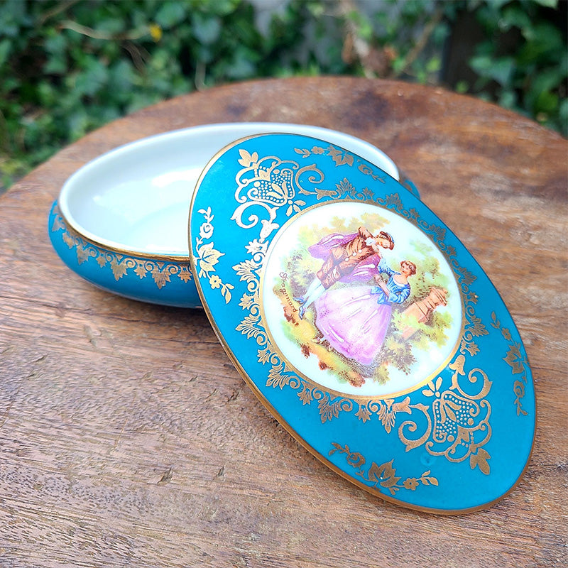 ブルーロココ柄 トリンケットボックス リモージュ窯 陶器 フランス