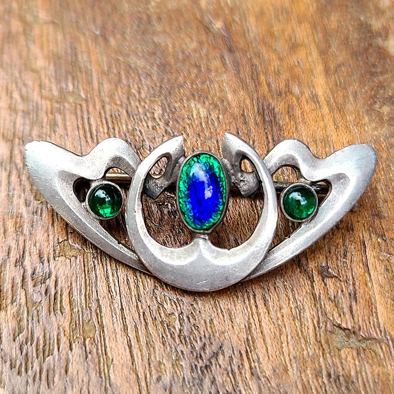 ピーコックアイガラス ブローチ 孔雀の尾羽模様 シルバー チェコ