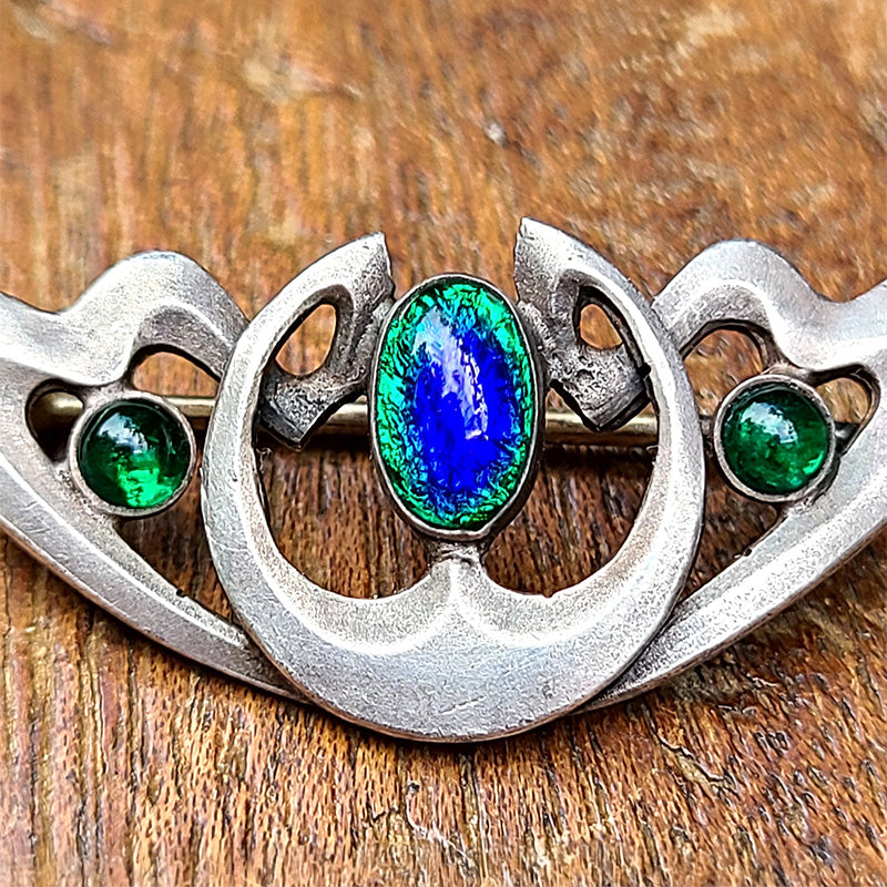 ピーコックアイガラス ブローチ 孔雀の尾羽模様 シルバー チェコ